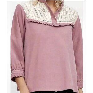 Zara Boho Dusty Pink 3/4 sleeve Corduroy crochet Ruffles Cotton Top XS
